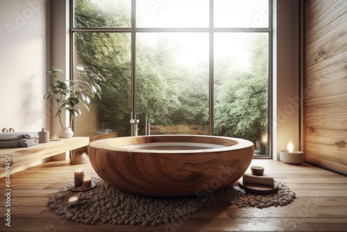 Zen inspired minimalist luxury bathroom with a round bathtub  large window  ceramic tile floor  and a wooden vintage table top or shelf with candles and pebbles. Generative AI