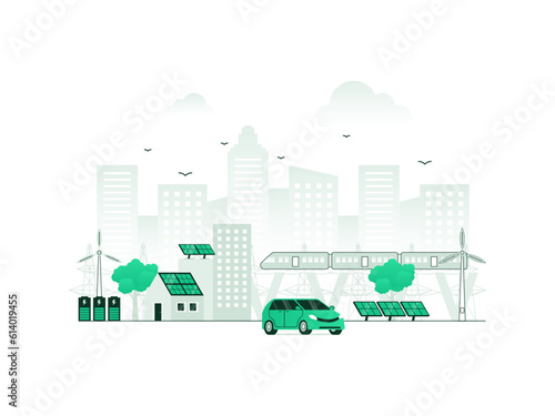 Sustainable city power with green infrastructure planning. Alternative electricity from CO2-free wind turbines. Vector illustration of ecological urban organization with minimalist color.