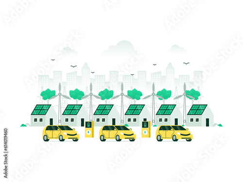 Smart and sustainable eco city with residential and commercial buildings, powered by solar and wind energy. Battery storage ensures reliable energy supply. Vector illustration with minimalist color.