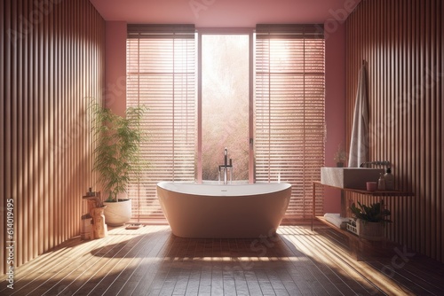 Warm sunlight streams into a modern bathroom with pink walls and a white bathtub on wooden slats. Generative AI