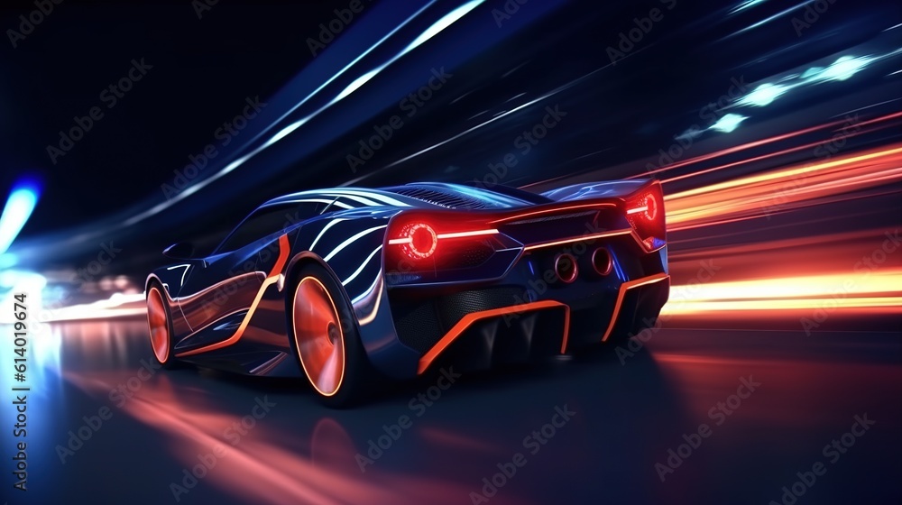 Supercar on neon highway. Powerful acceleration of sports car Generative AI