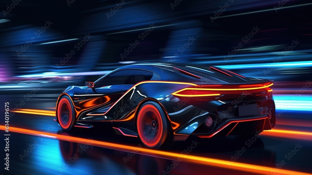 Supercar on neon highway. Powerful acceleration of sports car Generative AI