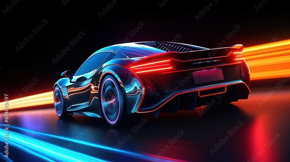 Supercar on neon highway. Powerful acceleration of sports car Generative AI