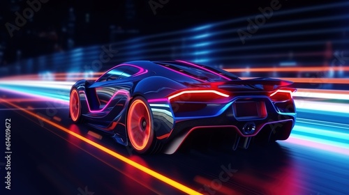 Supercar on neon highway. Powerful acceleration of sports car Generative AI © pixelphia