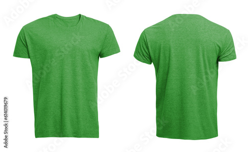Front and back views of light green men's t-shirt on white background. Mockup for design