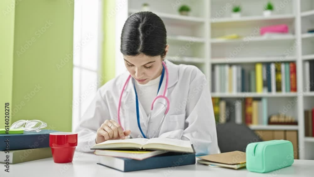 Young beautiful hispanic woman doctor reading book at library university Young beautiful hispanic woman doctor reading book at library university