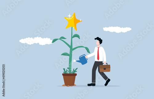Improving work quality, strive to deliver exceptional result consistently, being professional with excellence concept, Businessman watering bright star tree to grow.