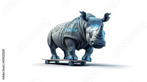 Illustration from blue rhino t standing on skateboard on white background with Generative AI technology © miro