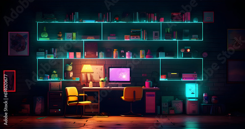 Desktop Background neon shelves Generative AI