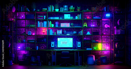 Desktop Background neon shelves Generative AI © TASMAGORIA