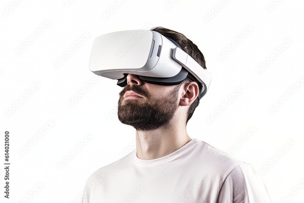 Bearded man face in virtual reality glasses isolated on white background Generative AI Bearded man face in virtual reality glasses isolated on white background Generative AI