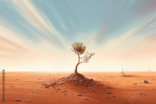 A green sprout of a tree grows alone in the desert. ai generative