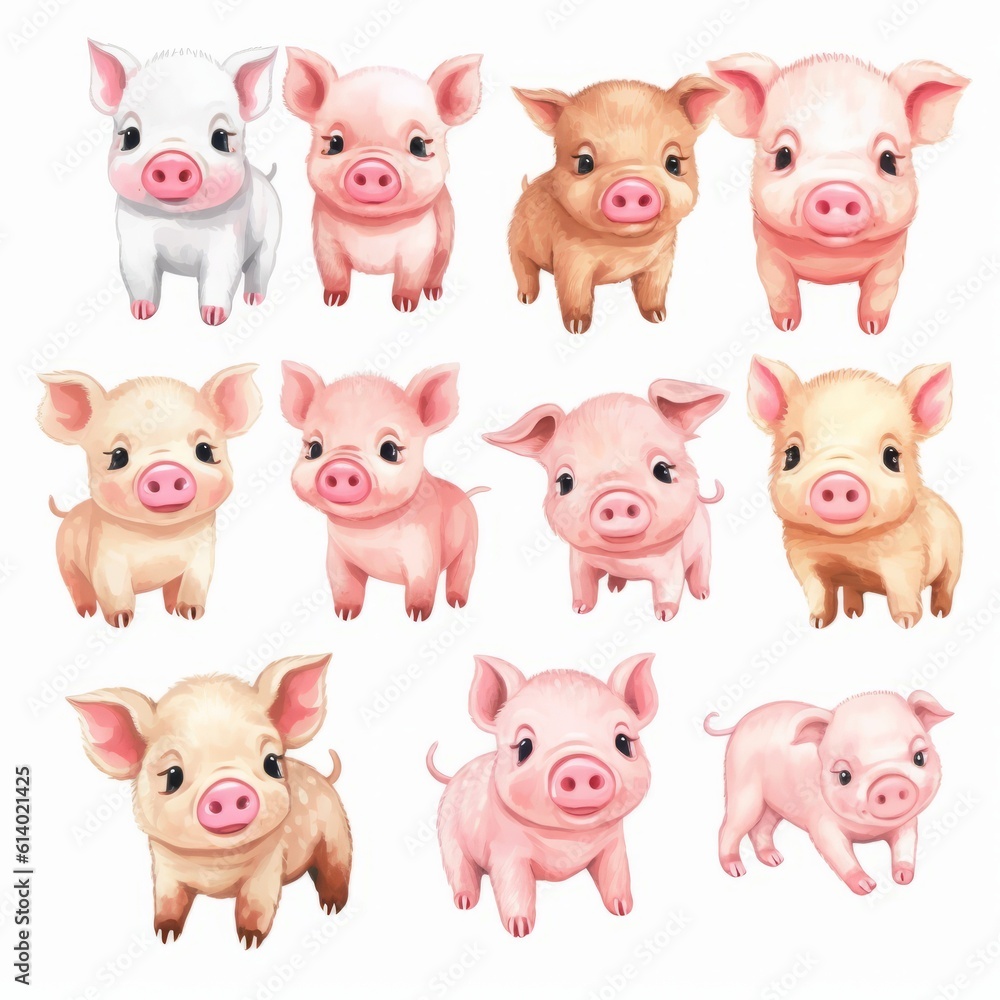 Adorable pink pigs on white background. Generative AI> 
