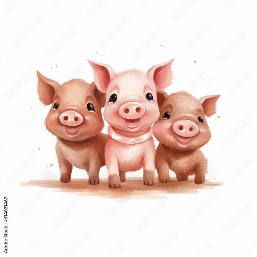 Adorable pink pigs on white background. Generative AI> Adorable pink pigs on white background. Generative AI>