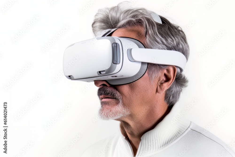 Bearded man face in virtual reality glasses isolated on white background AI Generative AI Bearded man face in virtual reality glasses isolated on white background AI Generative AI