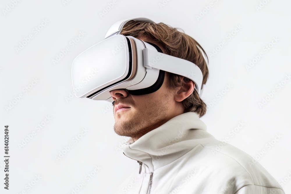 Bearded man face in virtual reality glasses isolated on white background AI Generative AI Bearded man face in virtual reality glasses isolated on white background AI Generative AI