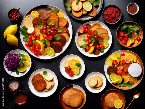 The combination of vegetables and fruits in bowls on the table creates a bright and appetizing spectacle. Variety of colors, shapes and textures brings freshness and liveliness, generative AI
