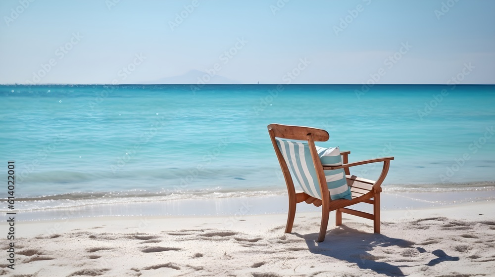 A beach chair on the sand with blue sky background. Generative AI A beach chair on the sand with blue sky background. Generative AI
