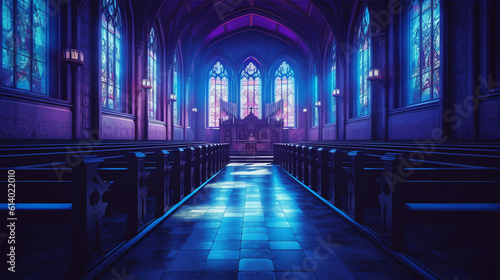 Generative AI Pews in the church in dark light. bokeh photo