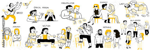 Negative personality traits, greed, cynical person, nanipulator, jealousy, selfish, aggressive, dishonest, lazy, self-center. Cute character illustration doodle design. Hand dranw sketch.