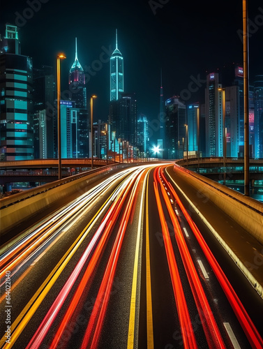 Generative AI Race track road and bridge with city skyline at night in Shanghai.