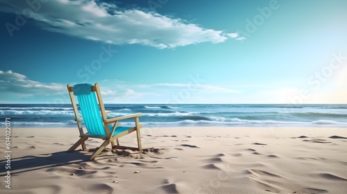 A beach chair on the sand with blue sky background. Generative AI © Canities