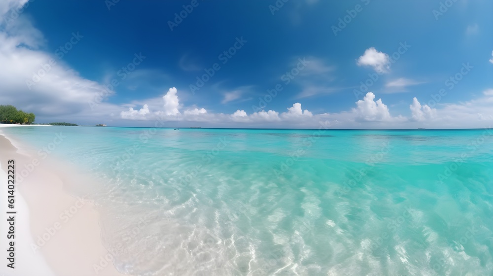 A beach with a blue sky and white clouds. Generative AI