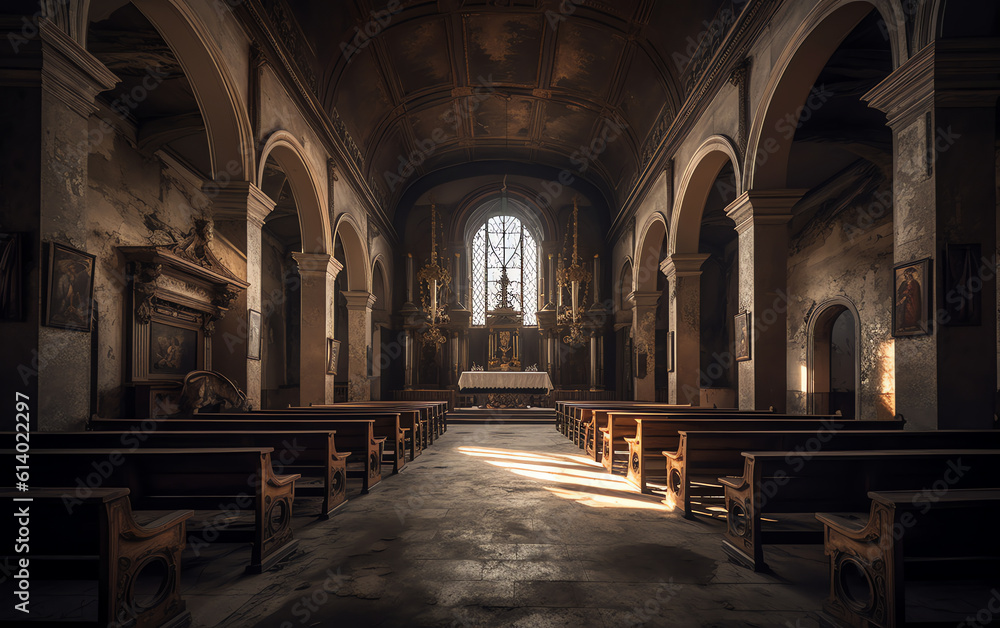 Generative AI Inside an empty church in France.