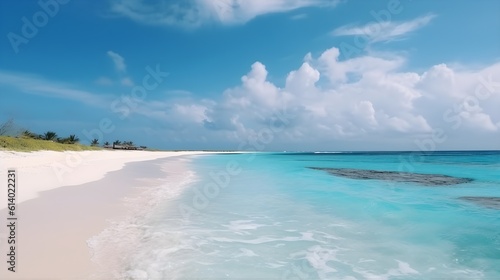 A beach with a blue sky and white clouds. Generative AI