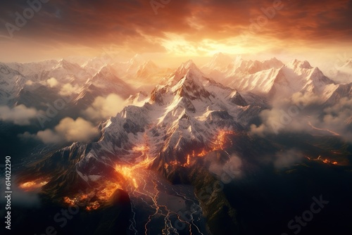 Dark fantasy mountain landscape, fire in the hills, volcano eruption, Generative ai