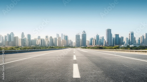 Fotografiet Generative AI empty asphalt road with city skyline