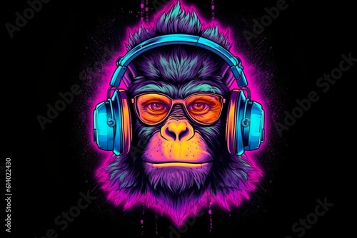 DJ monkey with headphones listening to music. Generative AI.