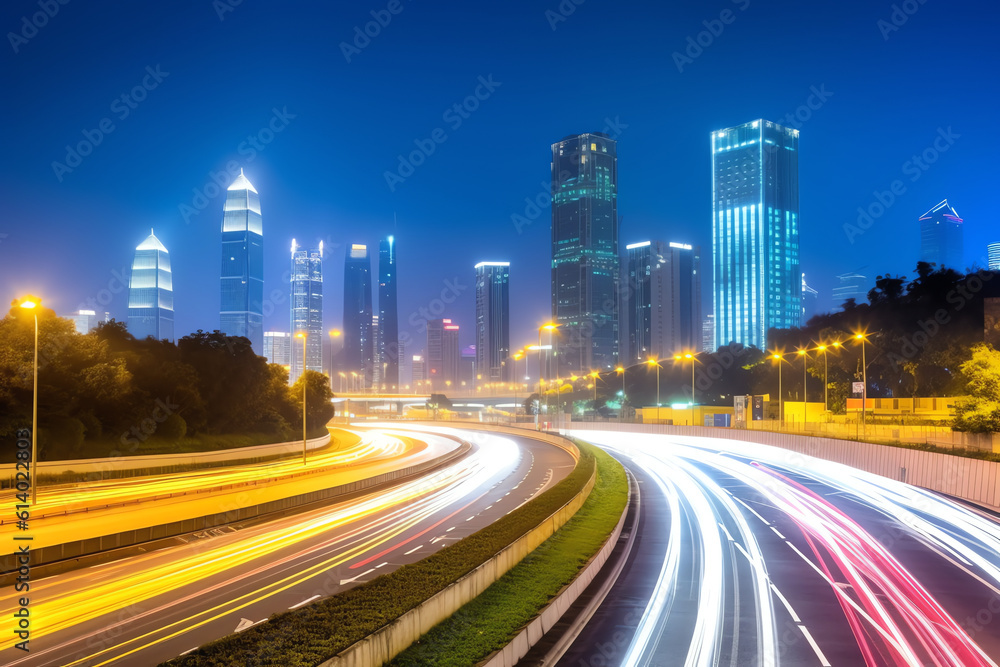Generative AI Shanghai modern commercial office buildings and empty asphalt highway at night