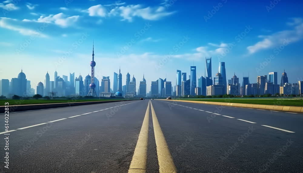 Generative AI empty asphalt road with city skyline