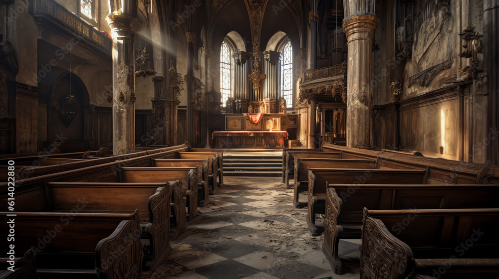 Generative AI Wooden benches in the cathedral