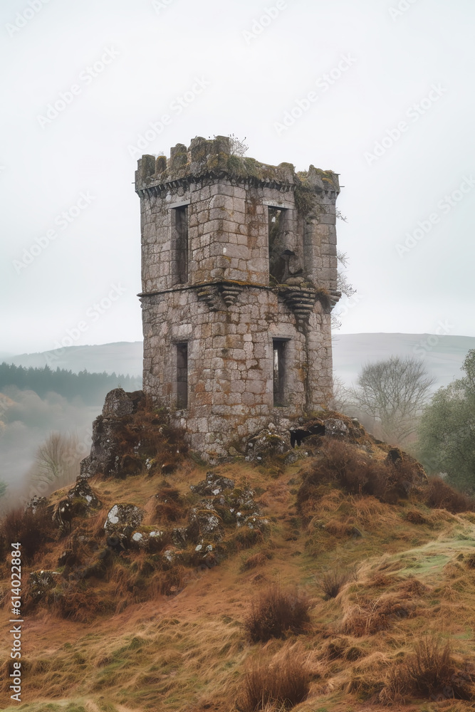 Generative AI Ruins of Chapel of Saint Mary Magdalene on the hill of Maly Blanik, central Bohemia, Czech Republic.Pilgrimage place with great spruce growing within chapel walls is called 