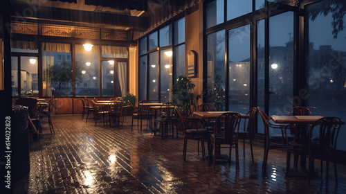 Generative AI Empty outdoor cafe on a dark rainy night in Prague