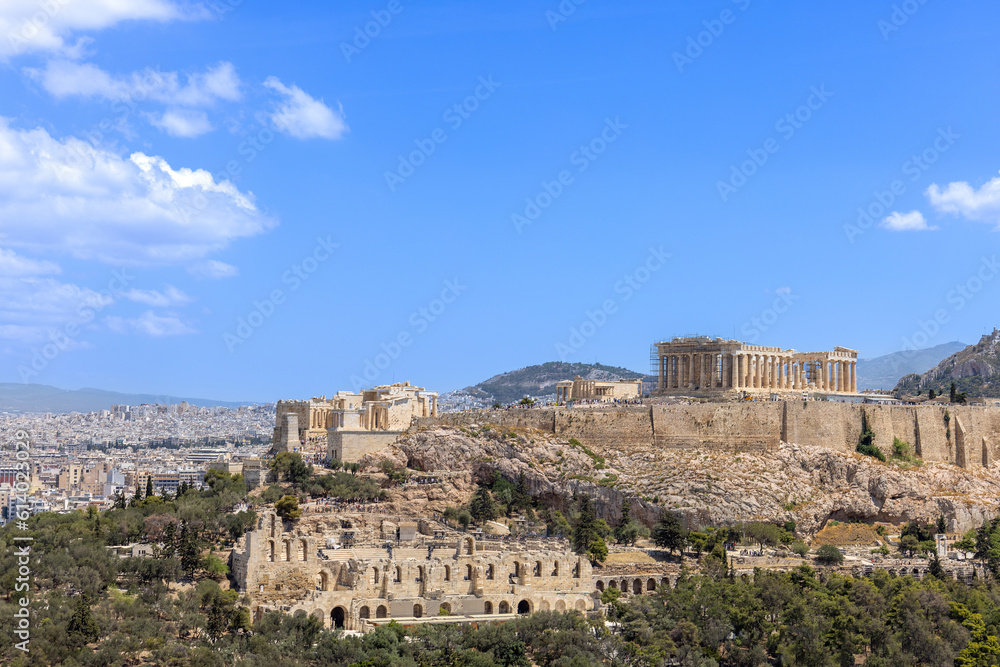 Ancient landmark citadel Acropolis of Athens seen from the Hill of the Muses, Philopappos Hill.
