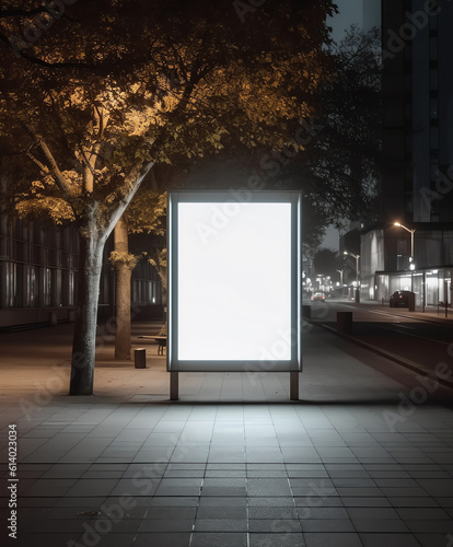 Generative AI Light box display with white blank space for advertisement at bus station in night city. Mock-up design concept.