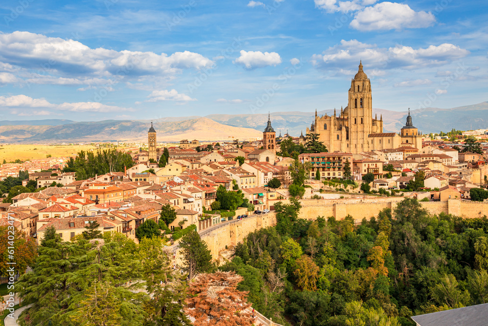 Elevated view of the old town with the cathedral of Segovia, Spain