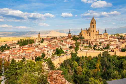 Elevated view of the old town with the cathedral of Segovia, Spain