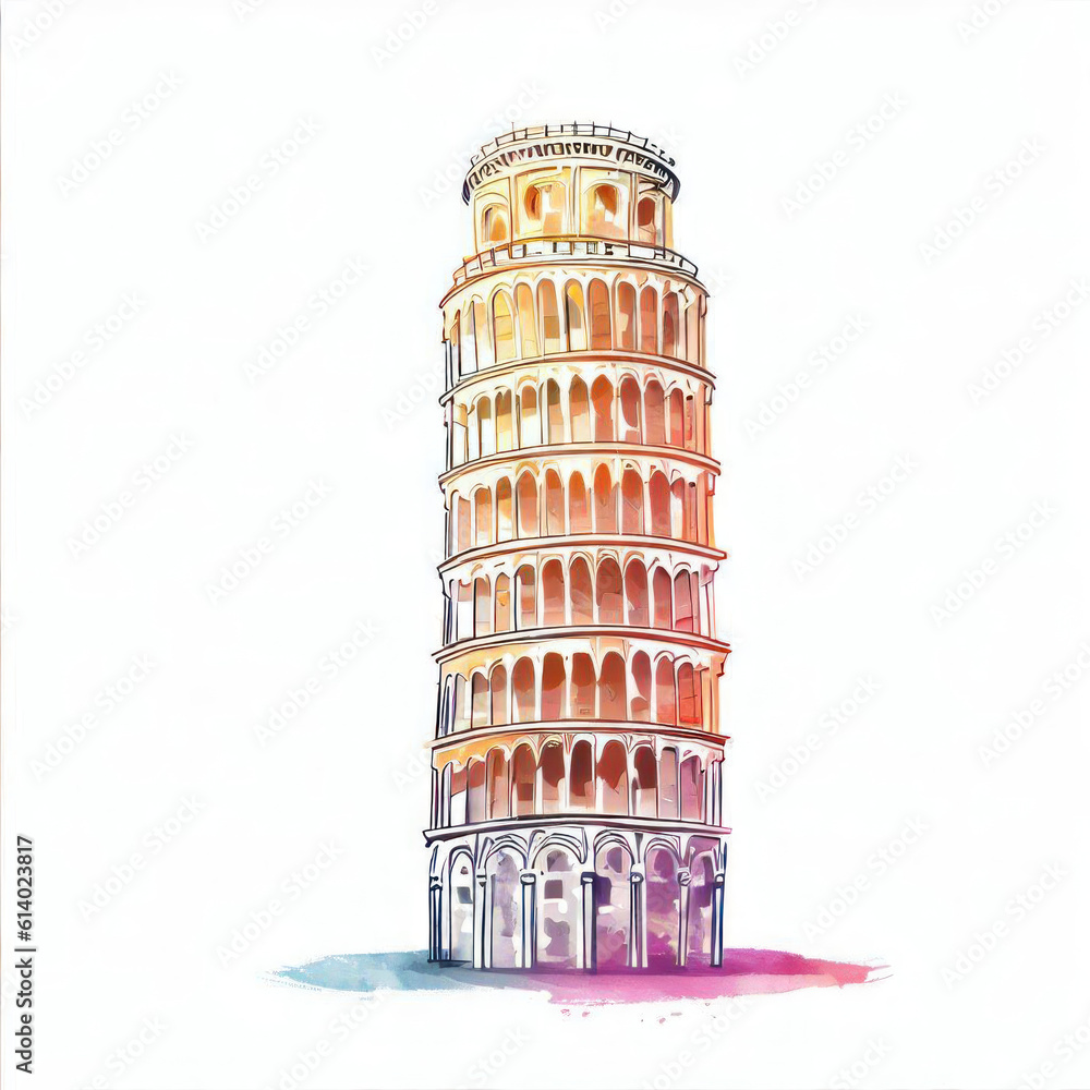 Italian Splendor: Watercolor Illustration of Leaning Tower of Pisa, Generative AI