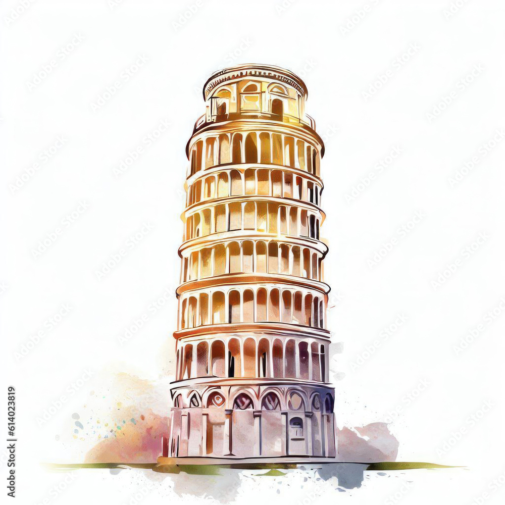 Pisa's Leaning Wonder: Watercolor Illustration, Generative AI