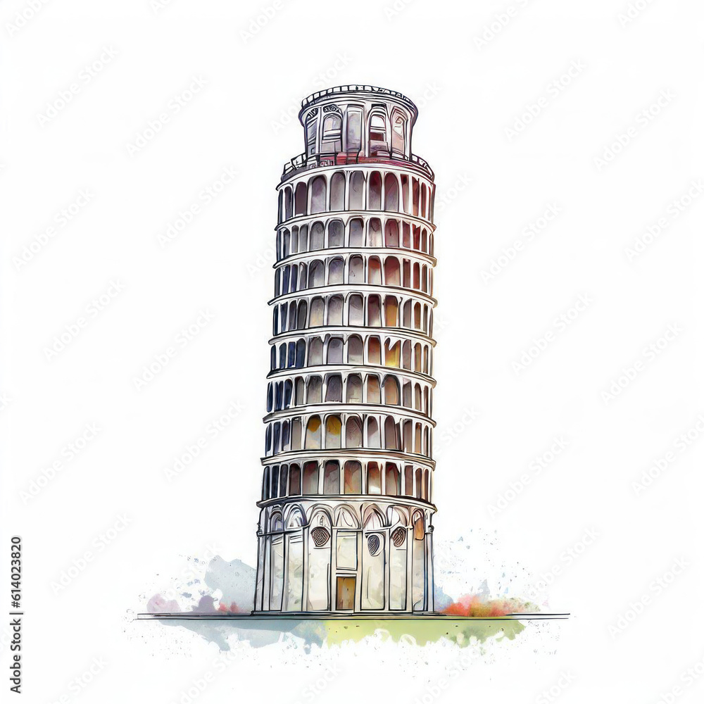 Architectural Marvel: Watercolor Illustration of Leaning Tower of Pisa, Generative AI
