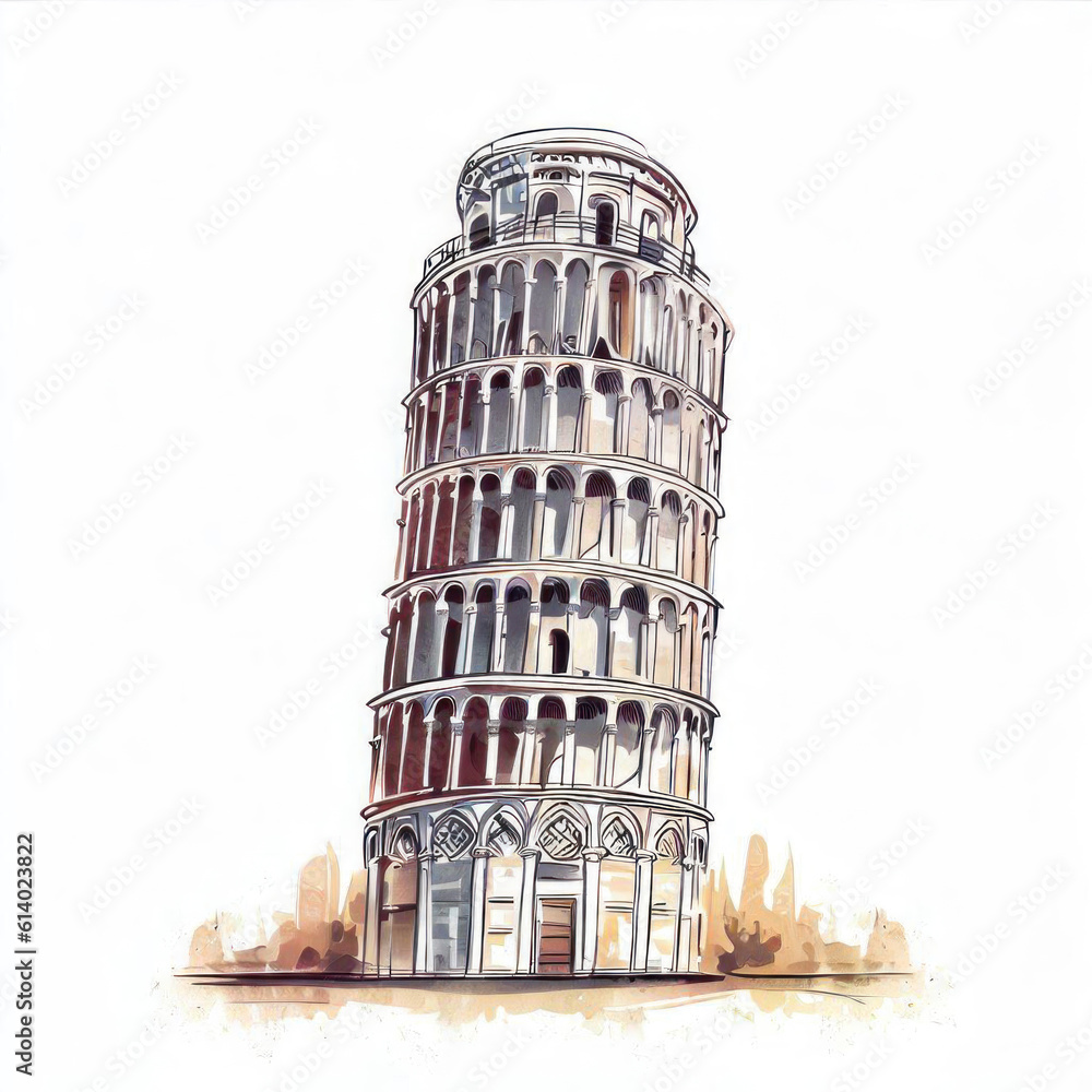Italian Majesty: Watercolor Illustration of Leaning Tower of Pisa, Generative AI