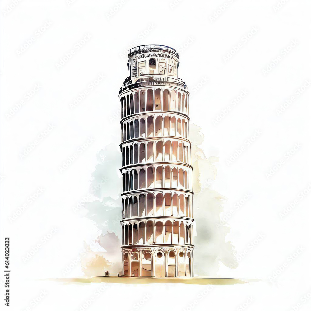 Artistic Impressions: Leaning Tower of Pisa Watercolor Illustration, Generative AI