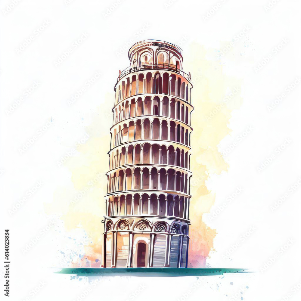 Italian Icon: Watercolor Illustration of Leaning Tower of Pisa, Generative AI