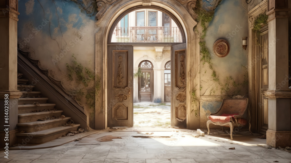Generative AI Exit in the balcony of an abandoned movie palace Generative AI Exit in the balcony of an abandoned movie palace