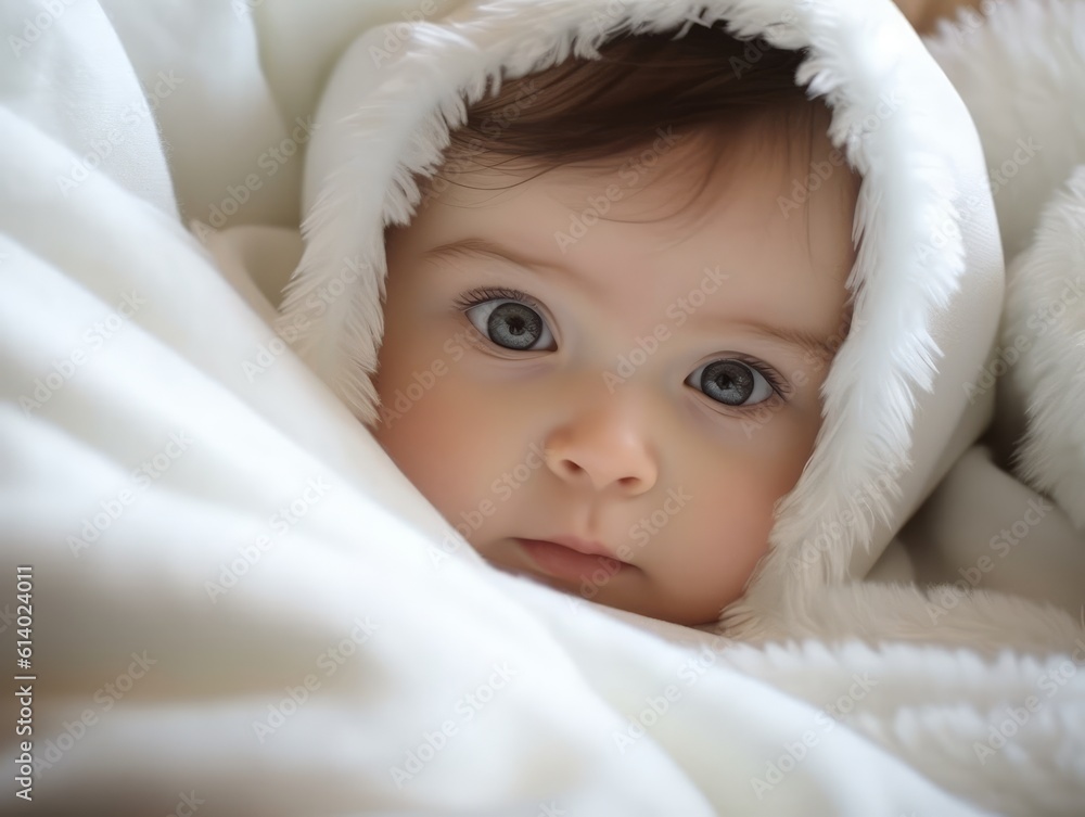 a very cute little white caucasian baby kid wrapped in soft white blanket on a bed. image perfect for ads. big blue eyes and tiny nose. Generative AI a very cute little white caucasian baby kid wrapped in soft white blanket on a bed. image perfect for ads. big blue eyes and tiny nose. Generative AI
