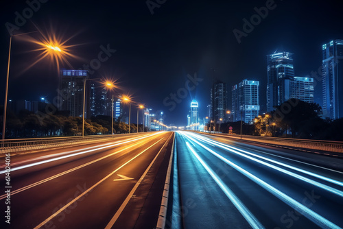 Generative AI Straight asphalt highway passing through the city above in Hangzhou at night